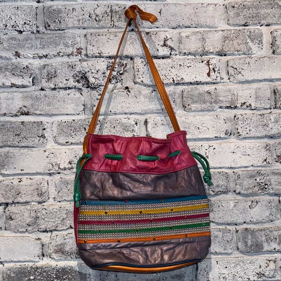 80s Colorblock Samir Genuine Leather Purse Bucket Handbag - Picture 9 of 9